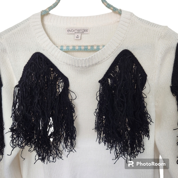 Eva Mendes New York & Co White Knit Sweater with Black Fringe Pom Poms Med - Picture 3 of 11